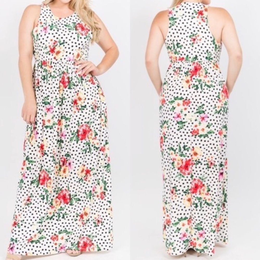 Floral Print Polka Dot Maxi White Dress 1X 2X 3X
